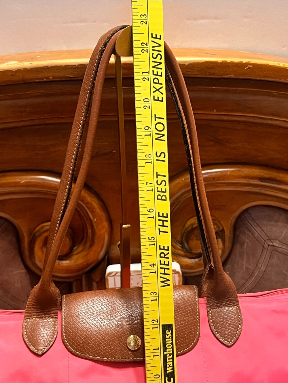 Longchamp Pink Nylon Tote with Brown Leather Trim - Picture 10 of 17